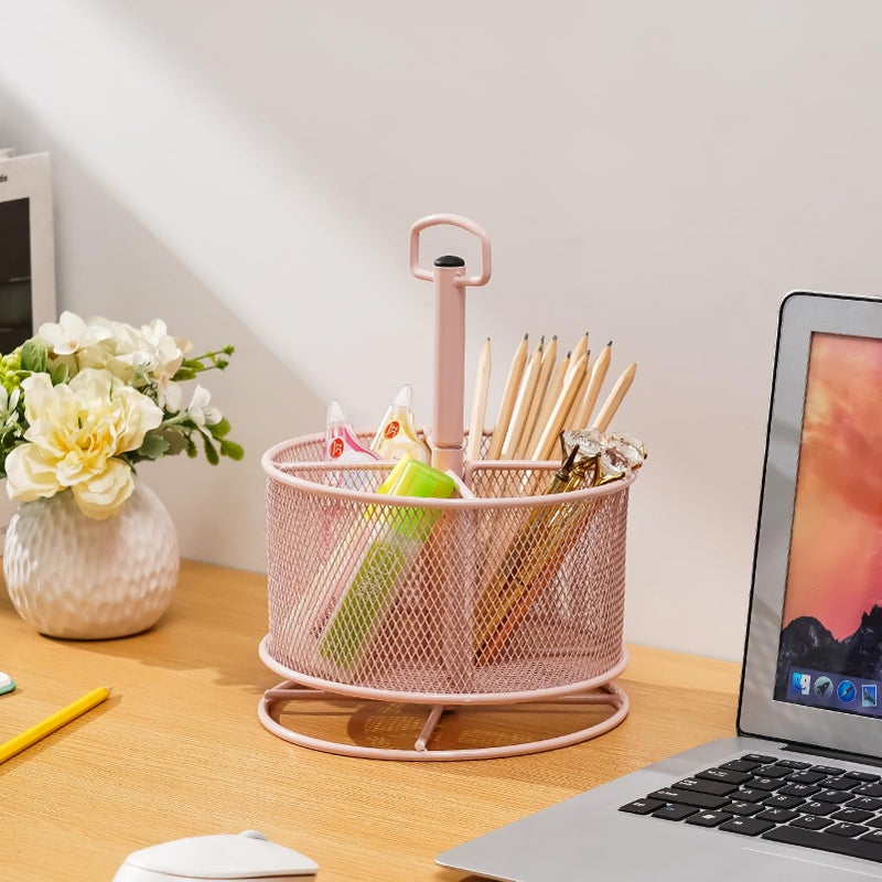 Marbrasse Mesh Desk Organizer  360-Degree Rotating Multi-Functional Pen Holder  4 Compartments Desktop Stationary Organizer  Home Office Art Supply Storage Box Caddy (Pink) - Image 2